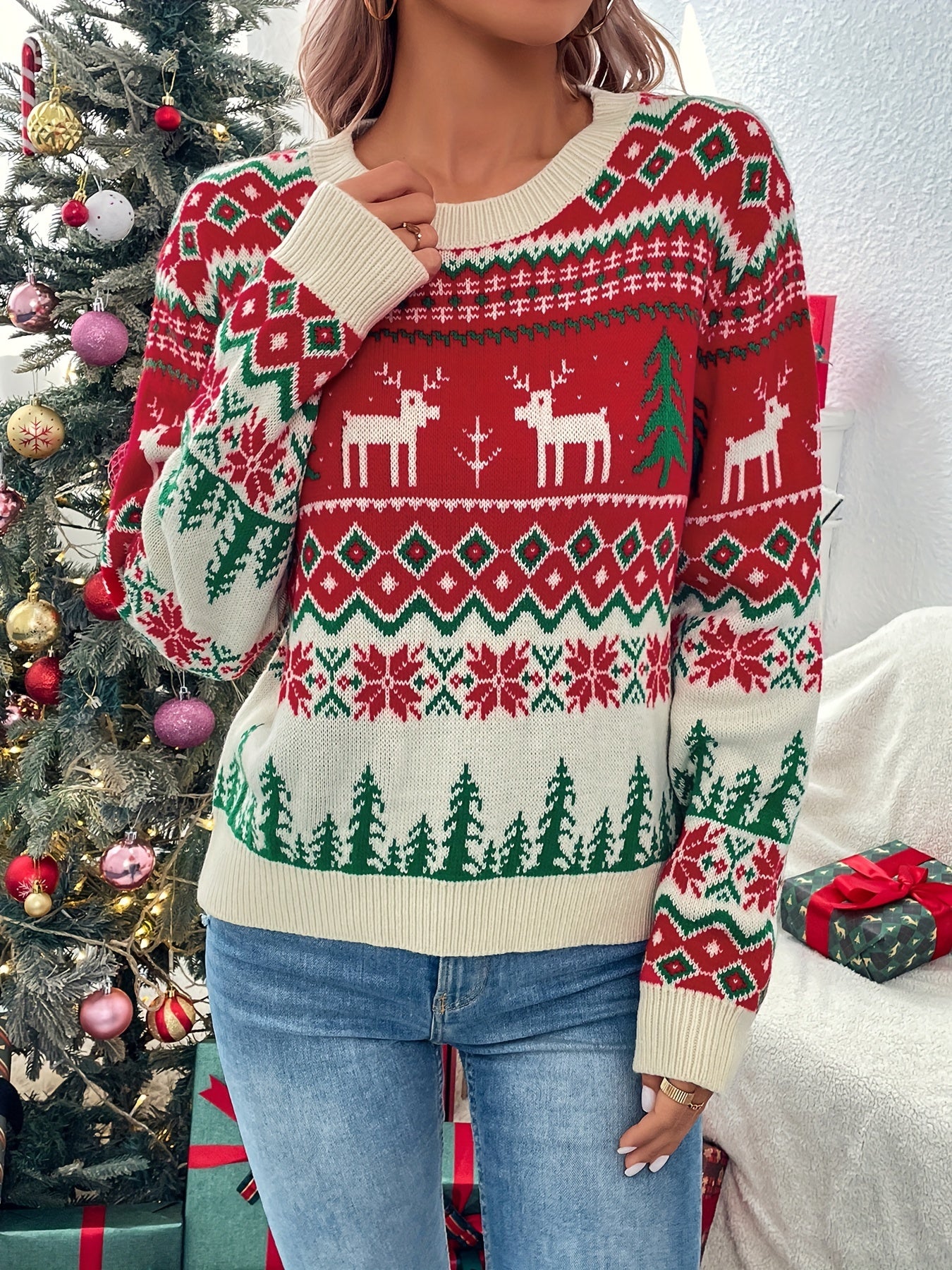 Casual Cozy Deer Pattern Crew Neck Sweater - Soft, Warm, and Comfortable Long Sleeve Sweater for Fall and Winter - Women's Fashion Clothing for Daily Wear, Outdoor Activities, and Holiday Parties