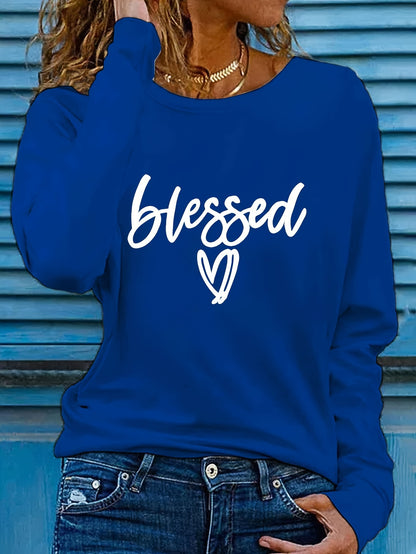 Women'S "Blessed" Heart Applique Long Sleeve Sweatshirt, Regular Fit