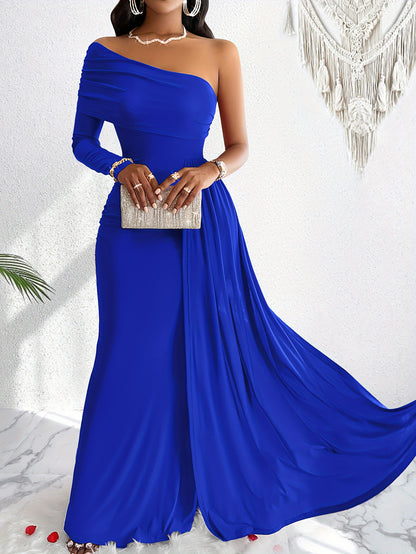 Impresionante vestido largo asimétrico de un solo hombro: diseño fluido, fruncido y elegante para fiestas, banquetes y ocasiones formales: ropa de mujer para eventos especiales