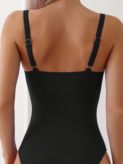 V-Notch Slimming One-piece Swimsuit, Hollow Out High Cut Bathing Suits -  Nylon & Spandex