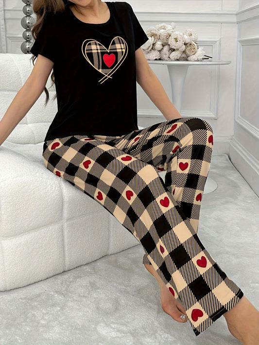 Conjunto de pijama con estampado de cuadros escoceses y corazones acogedores para mujer: corte relajado y suave, camiseta de cuello redondo y pantalones de manga corta