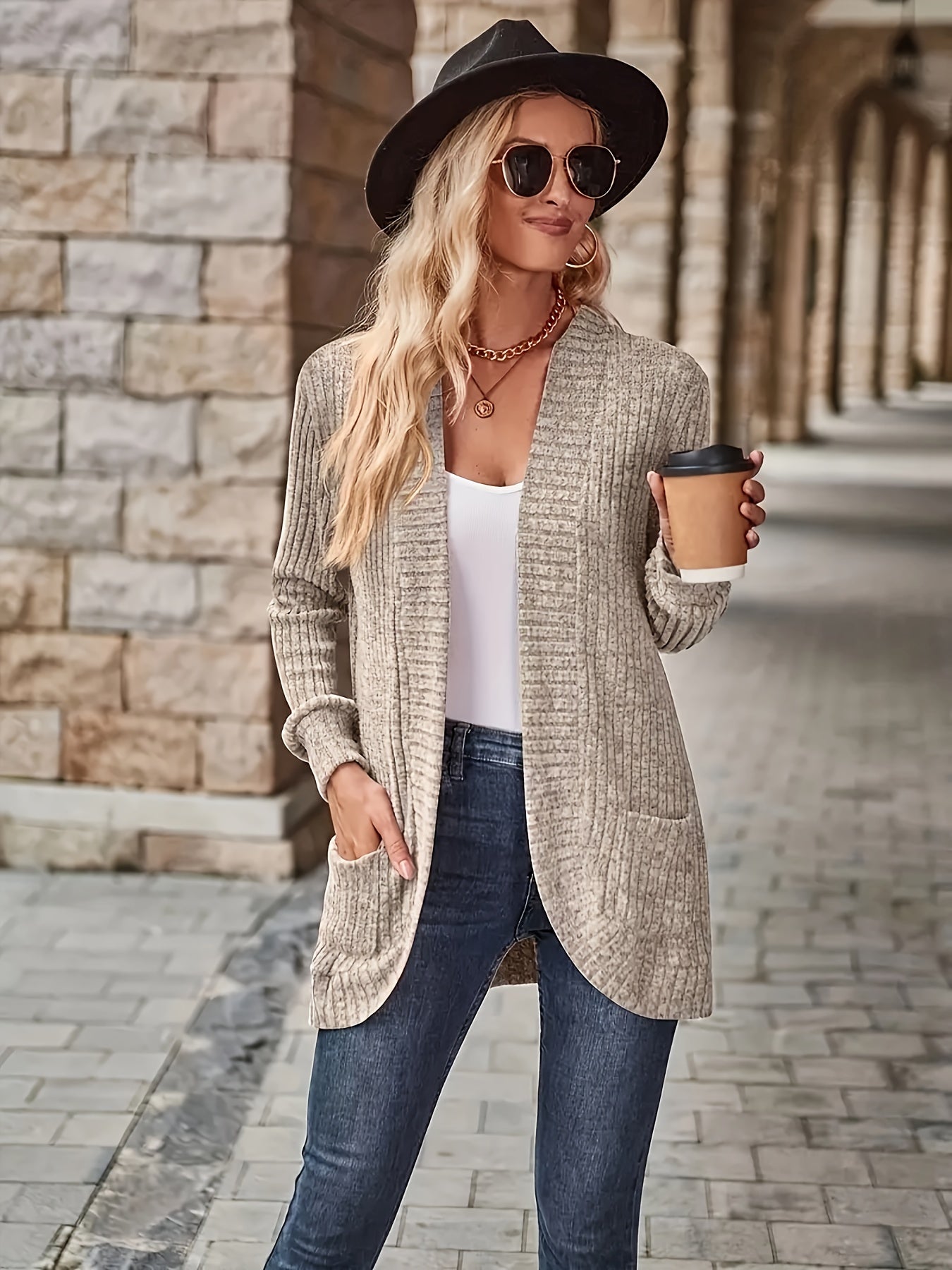 Long Sleeve Elegant Solid Color Open Front Cardigan with Pocket