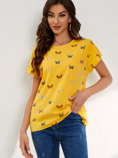 Camiseta de cuello redondo con estampado de mariposas vibrantes: ropa informal suave y transpirable de manga corta para primavera y verano: ropa de moda femenina para una comodidad diaria