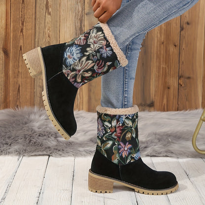 Women's Floral Print Fuzzy Boots, Slip On Soft Sole Chunky Heel Soft Sole Boots, Winter Non-slip Plush Snow Boots - LuxyXO