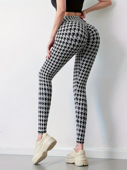 Plus Size Women's Houndstooth Print Skinny Leggings - High Waist, Stretchy, Comfortable, Casual Every Day Wear - Soft, Breathable, Four-Way Stretch Fabric, Wide Waistband, Flattering Fit