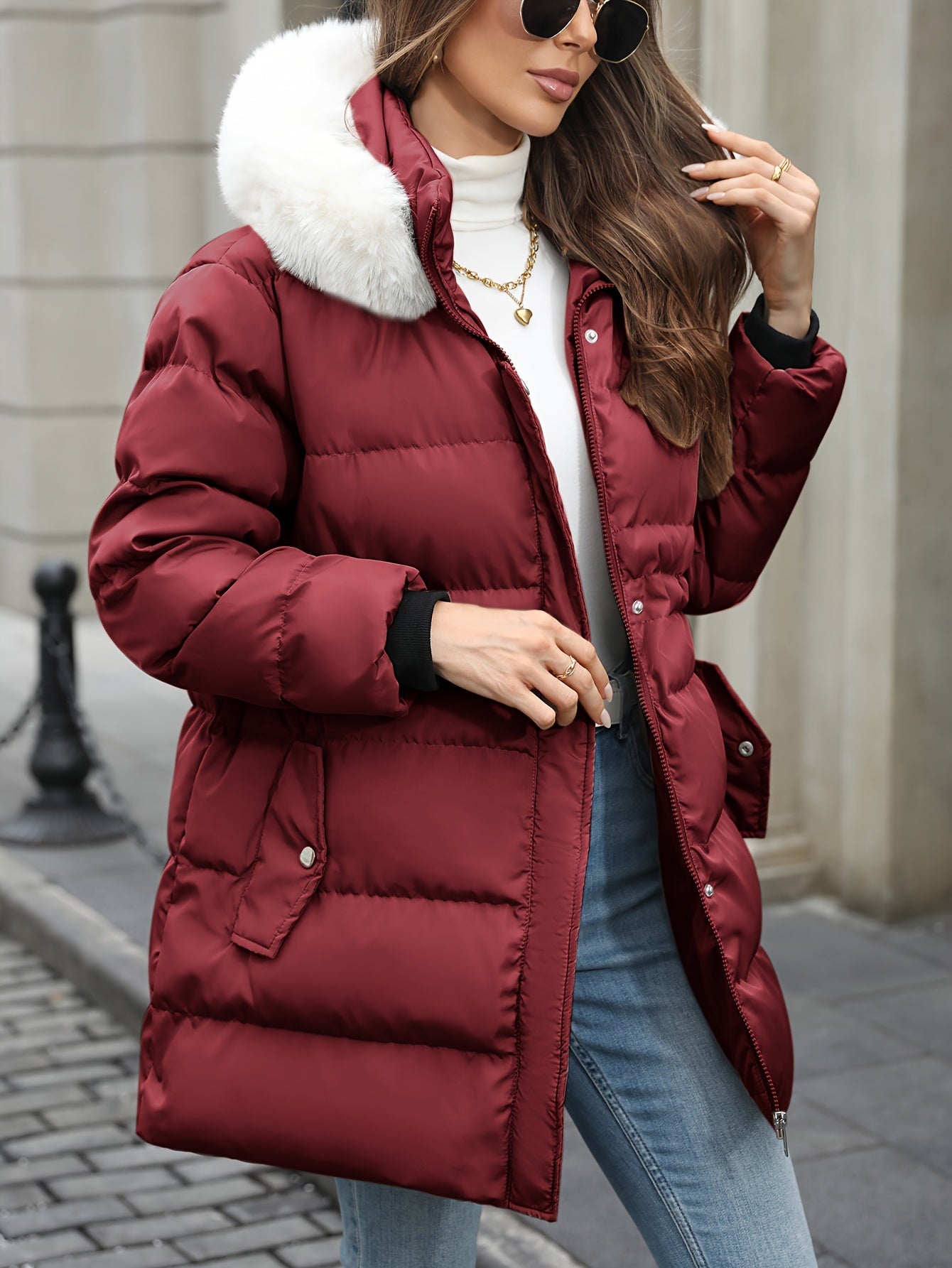 1pc Women'S Casual Hooded Puffer Jacket - Solid Color, Long Sleeve, Regular Length, Non-Stretch Polyester, Woven, Zipper Detail, Placket Closure, H-Fit for Fall/Winter