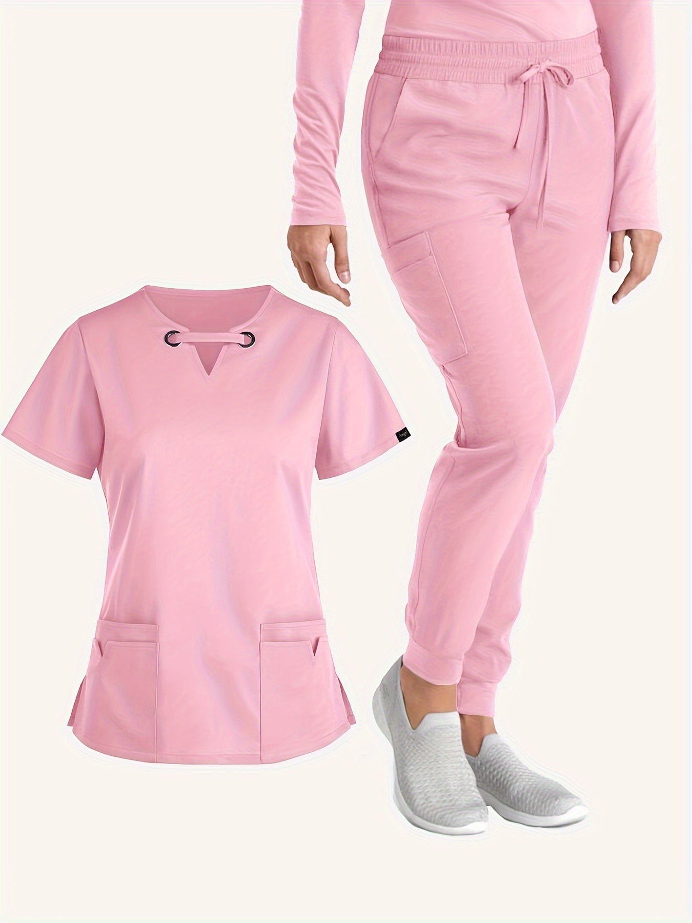 Stylish Solid Two-Piece Scrub Set - Women's Medical Uniform, Elegant V-Neck Short Sleeve Top & Drawstring Pants Outfit with Comfortable Fabric for Healthcare Professionals - Easy Care, Breathable, and Relaxed Fit