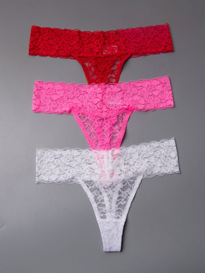 Sexy Low Waist Floral Lace Thongs - 3 Pcs Set - LuxyXO