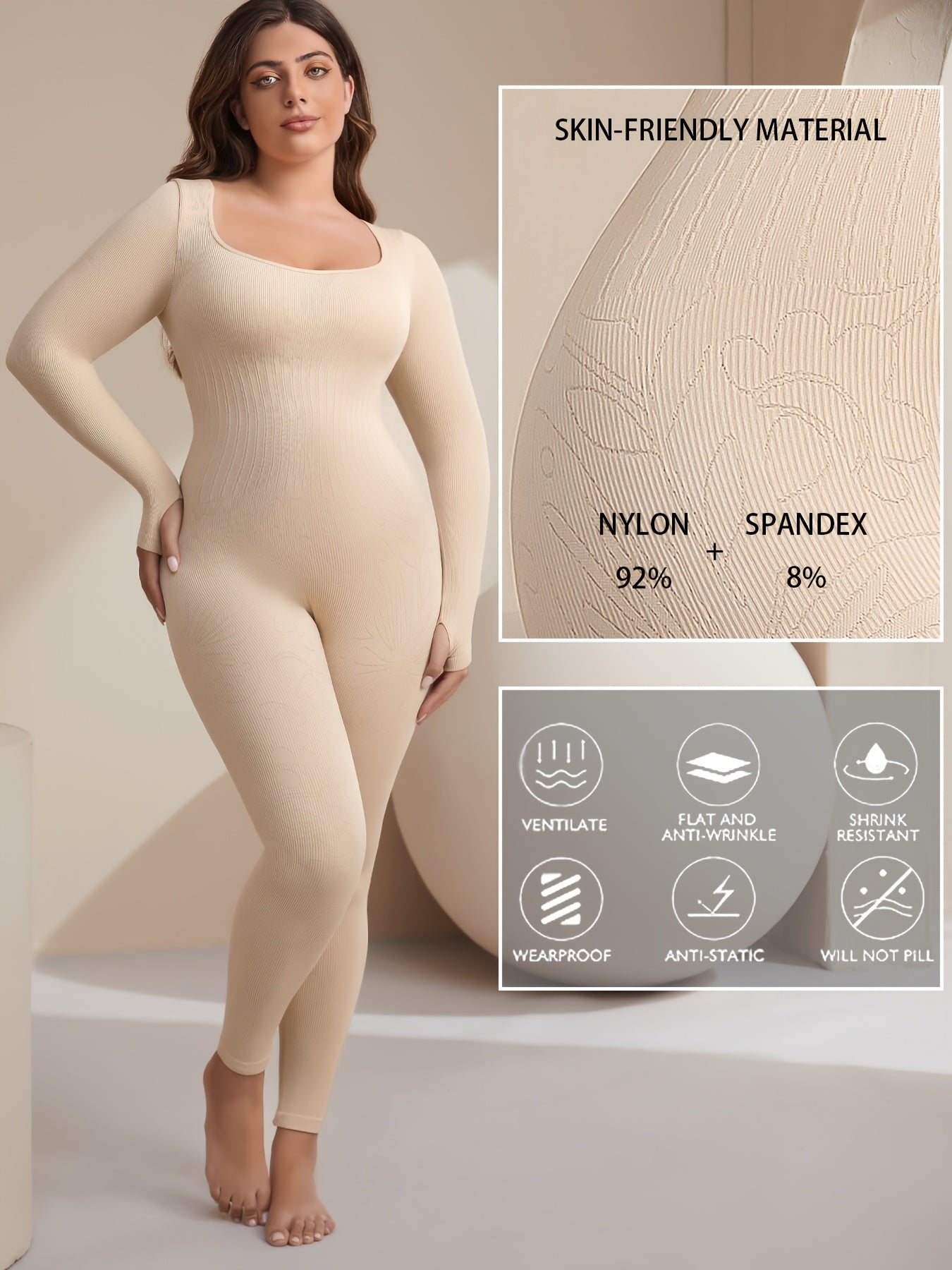 Plus Size Seamless Yoga Bodysuit - High Stretch, Long Sleeve, Solid Color Activewear Jumpsuit