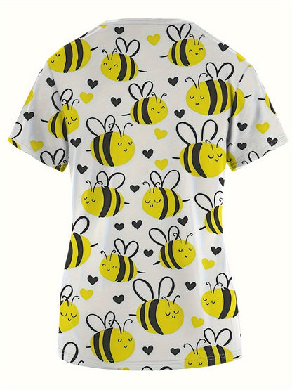 Bee Print V-neck Scrub Top, Comfortable & Functional Health Care Uniform Top, Perfect For Working In Hospitals & Dental Office, Women's Work Clothing