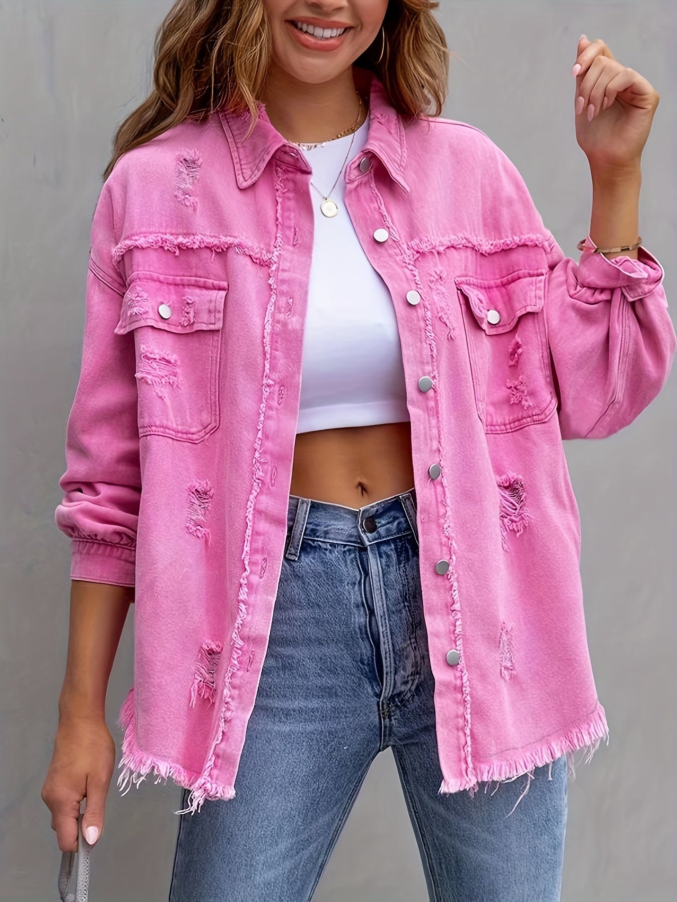 Plus-Size Distressed Denim Blazer Jacket for Women - Ripped Knee, Relaxed Fit, Casual Chic Style - Perfect for Summer Outings and Streetwear Fashion