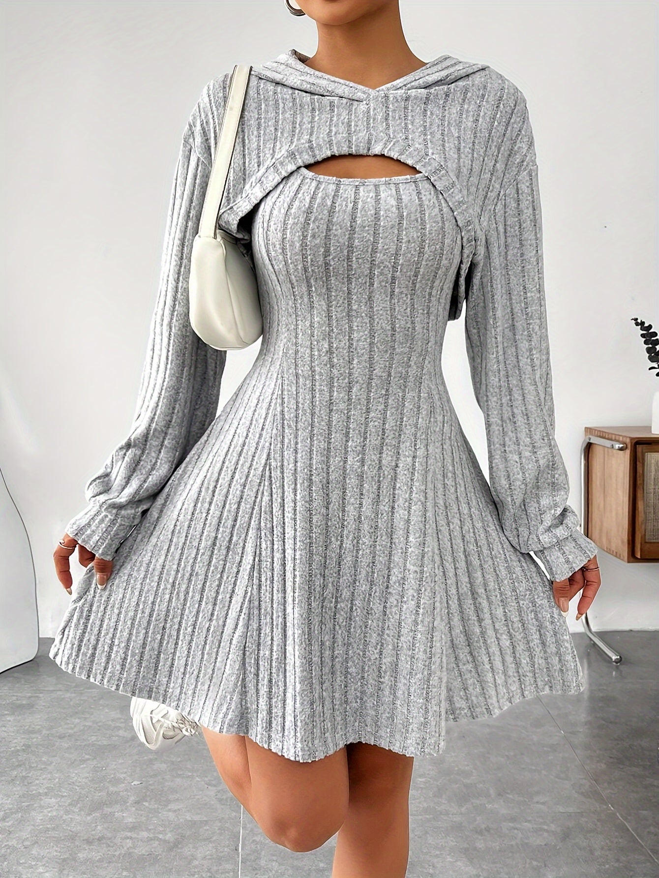 Ribbed Peplum Elegant Dress Set, Crop Long Sleeve Hooded Top & Square Neck Sleeveless Tank Dress, Women's Clothing