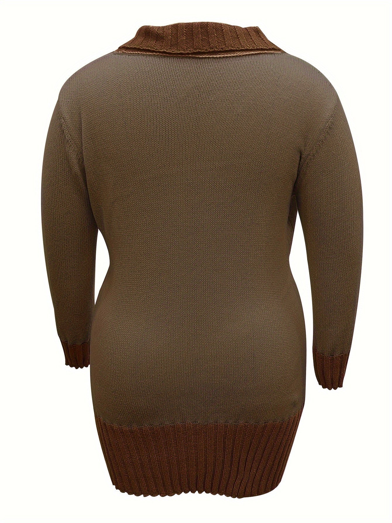 Plus Size Chic Cable Knit Sweater Dress - Fashionable Colorblock, Horn Button Detail