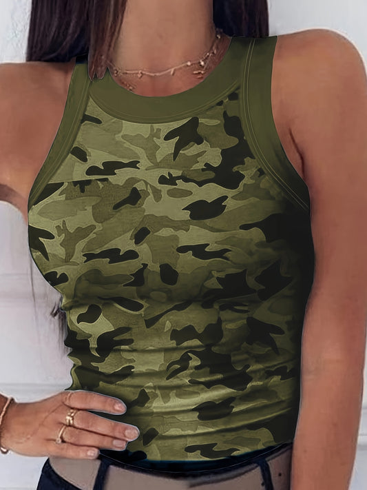 Camiseta sin mangas con estampado de camuflaje vibrante: cuello redondo, mezcla de algodón de elasticidad media, largo normal, lavable a máquina, prenda básica sexy de verano para mujer: prenda imprescindible de moda para primavera y verano