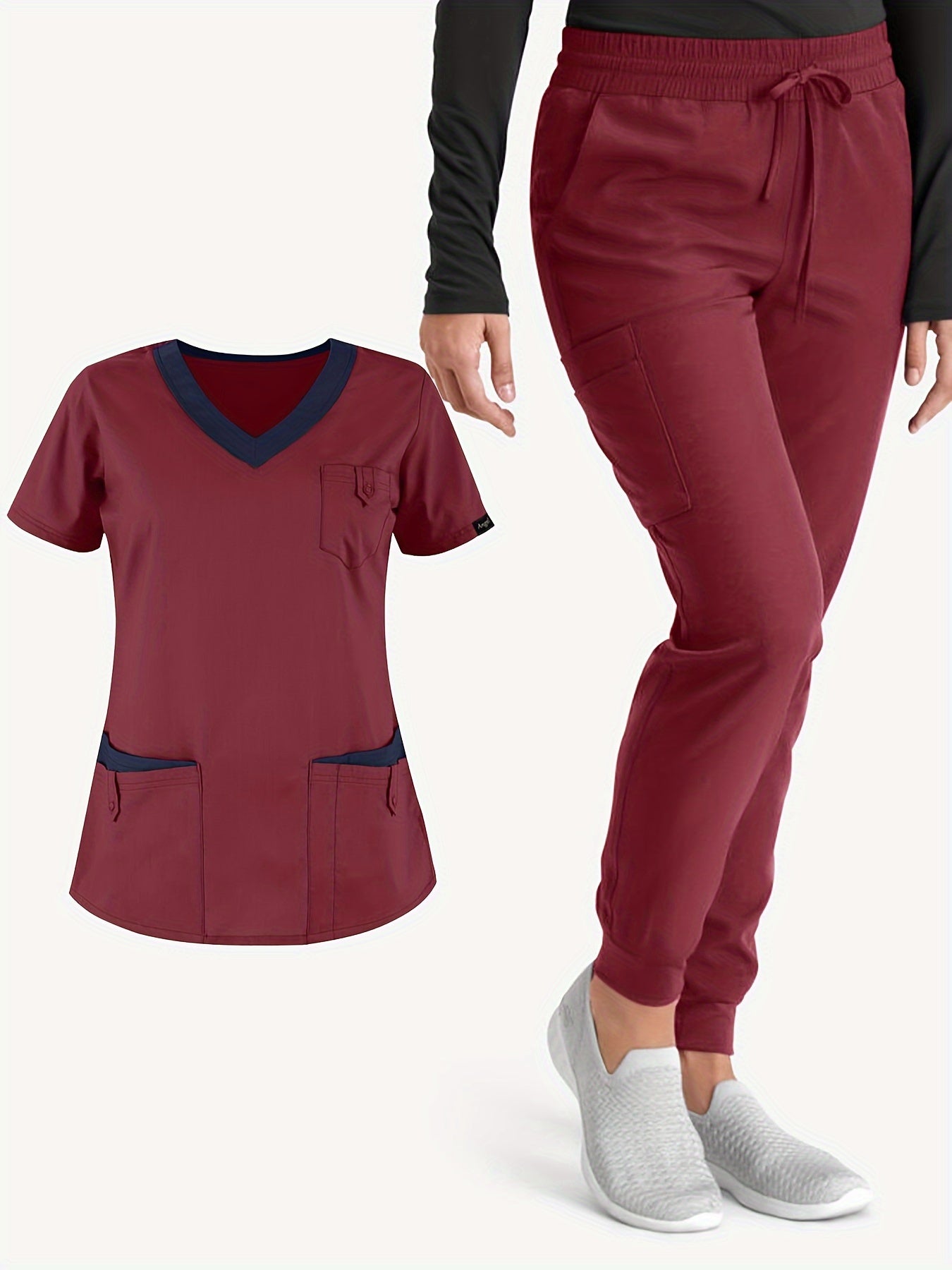 Two-Piece Solid Scrub Set - Elegant V-Neck Top and Drawstring Pants Outfit with Comfortable Fabric, Medical and Health Care Uniform for Women, Classic Design, Easy Care, and Professional Look