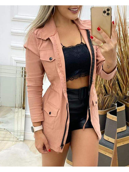 Long sleeve pocket zipper design drawstring cargo coat