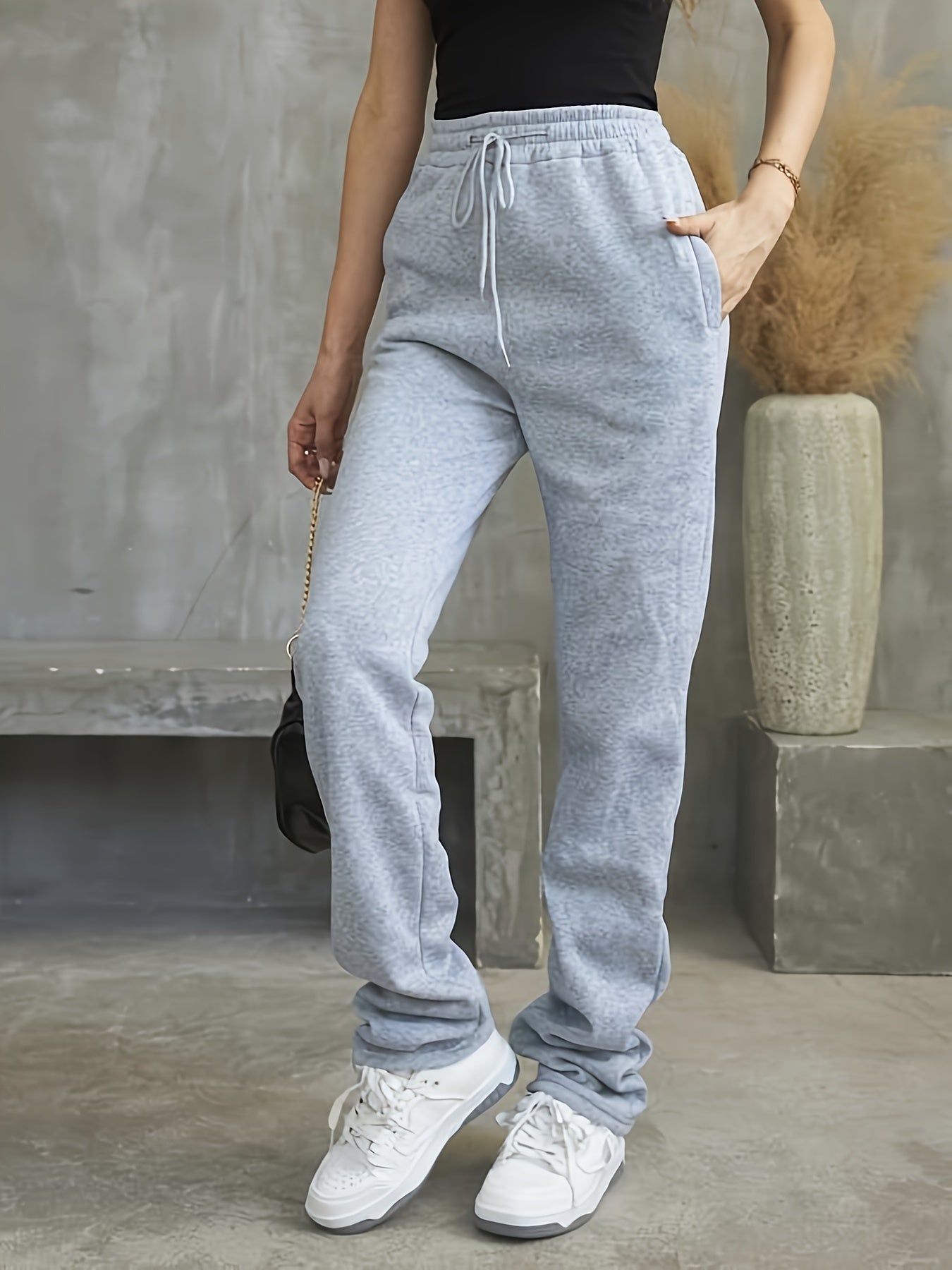 Plus Size Cozy Sweatpants - Soft Solid Fleece, High Rise, Elastic Drawstring, Straight Leg