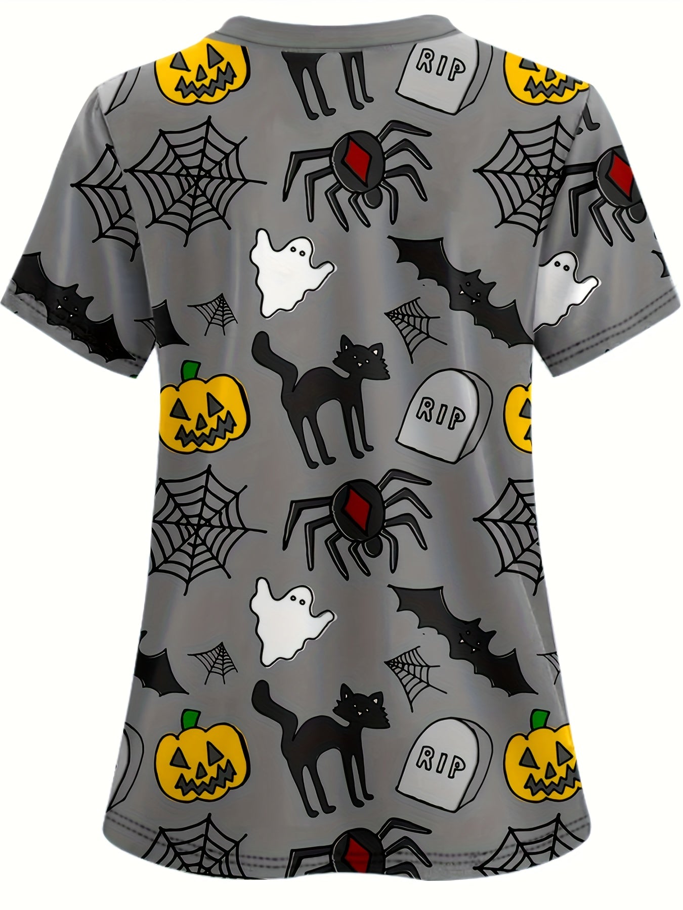 Halloween Print V-neck Scrub Top, Comfortable & Functional Health Care Uniform Top, Perfect For Working In Hospitals & Dental Office, Women's Work Clothing