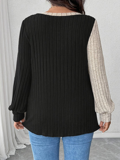 Plus Size Elegant Ribbed Knit T-Shirt - Stretchy & Soft, Long Sleeve with Asymmetrical Hem, Round Neck, Beige & Black Patchwork