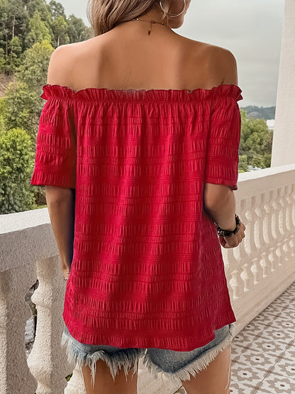 Blusa con hombros descubiertos y volantes elegantes, manga corta, color liso, esencial para primavera y verano: ropa de mujer con estilo elegante