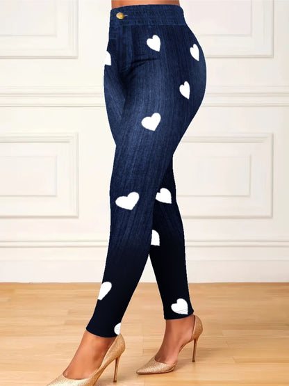 Leggings ajustados con estampado de corazones de talla grande: ultra cómodos, de cintura alta, elásticos y de tela suave: perfectos para uso diario informal, ropa de talla grande para mujer para aumentar la confianza