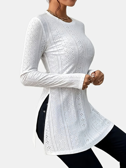 Blusa tipo túnica de talla grande para mujer: camiseta de manga larga bordada con ojales, cuello redondo y dobladillo dividido, moderna y elegante; cómoda, elegante, perfecta para uso informal; diseñada para figuras con curvas