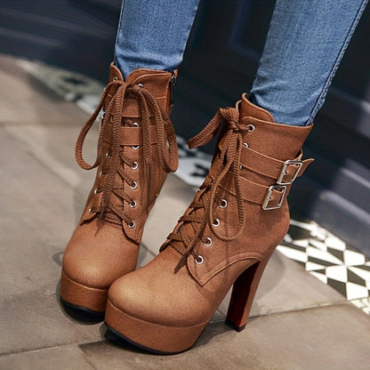 Botas de tacón alto con cordones de color liso a la moda para mujer - Tacón de aguja con base de bloque estable - Correa de tobillo con hebilla segura - Modernas y cómodas