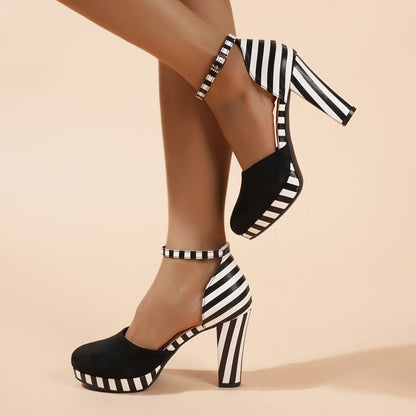 Chic Striped DOrsay High Heel Sandals - Adjustable Ankle Strap Platform - Perfect for Parties & Any Occasion - Fashionable Dress Shoes