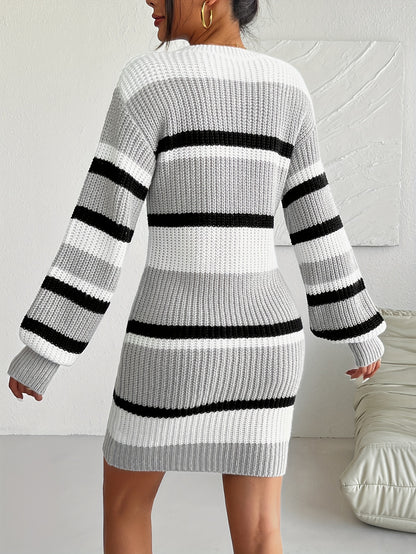 Acrylic Knit Sweater Dress for Women - Casual Crew Neck Long Sleeve Midi with Stripe and Color Block Pattern - Elegant Fall/Winter Collection