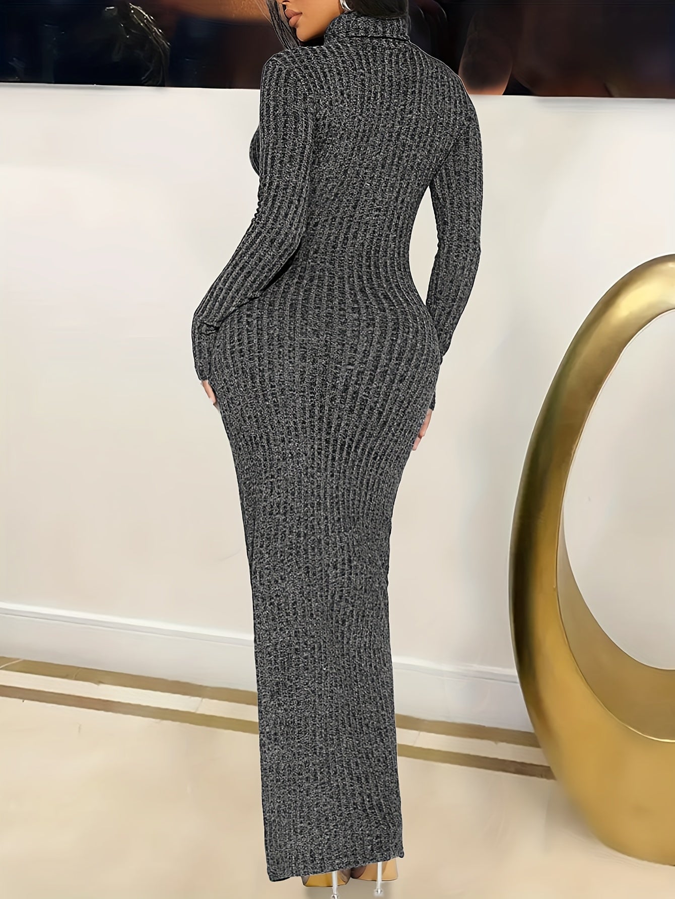 Chic High-Neck Bodycon Dress for Women - Stretchy Polyester & Elastane Blend, Machine Washable, Perfect for Fall/Winter