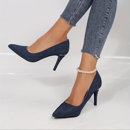 Tacones de aguja elegantes de mezclilla azul - Zapatos de punta puntiaguda sin cordones - Moda elegante atemporal para mujeres - Zapatos de vestir ideales para eventos formales