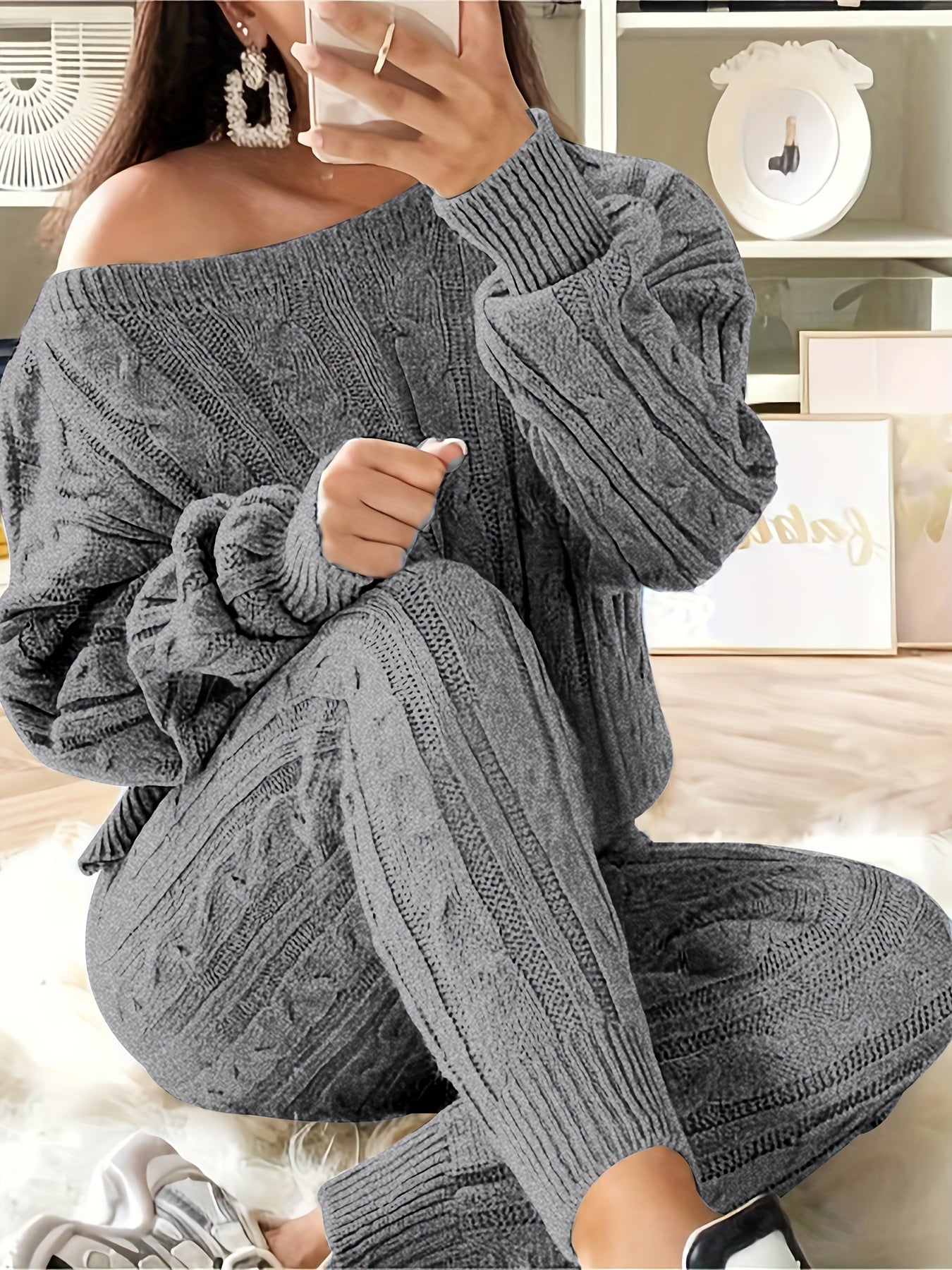 Plus Size Casual Sweater Outfits Set, Women's Plus Solid Long Sleeve One Shoulder Cable Knit Jumper & Sweater Pants Sweater Outfits Two Piece Set