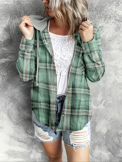 Cozy Plaid Hooded Long Sleeve Jacket Hoodie - Soft, Breathable, Casual Wear for Spring & Fall - Women's Comfortable Clothing for Outdoor Activities