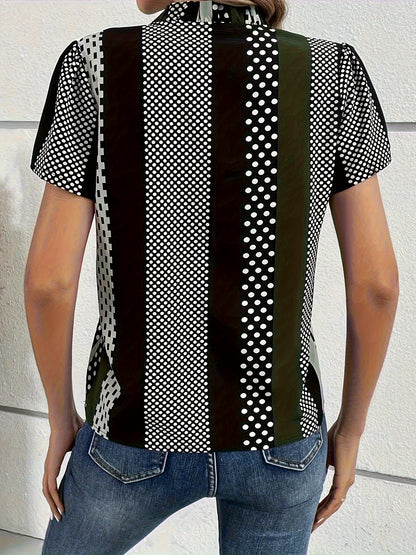 Striped Print Notched Neck Blouse, Casual Short Sleeve Blouse For Spring & Summer, Women's Clothing