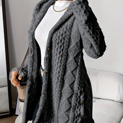 Button Front Hoodie Teddy Coat, Casual Long Sleeve Textured Fluffy Coat For Fall & Winter, Women's Clothing