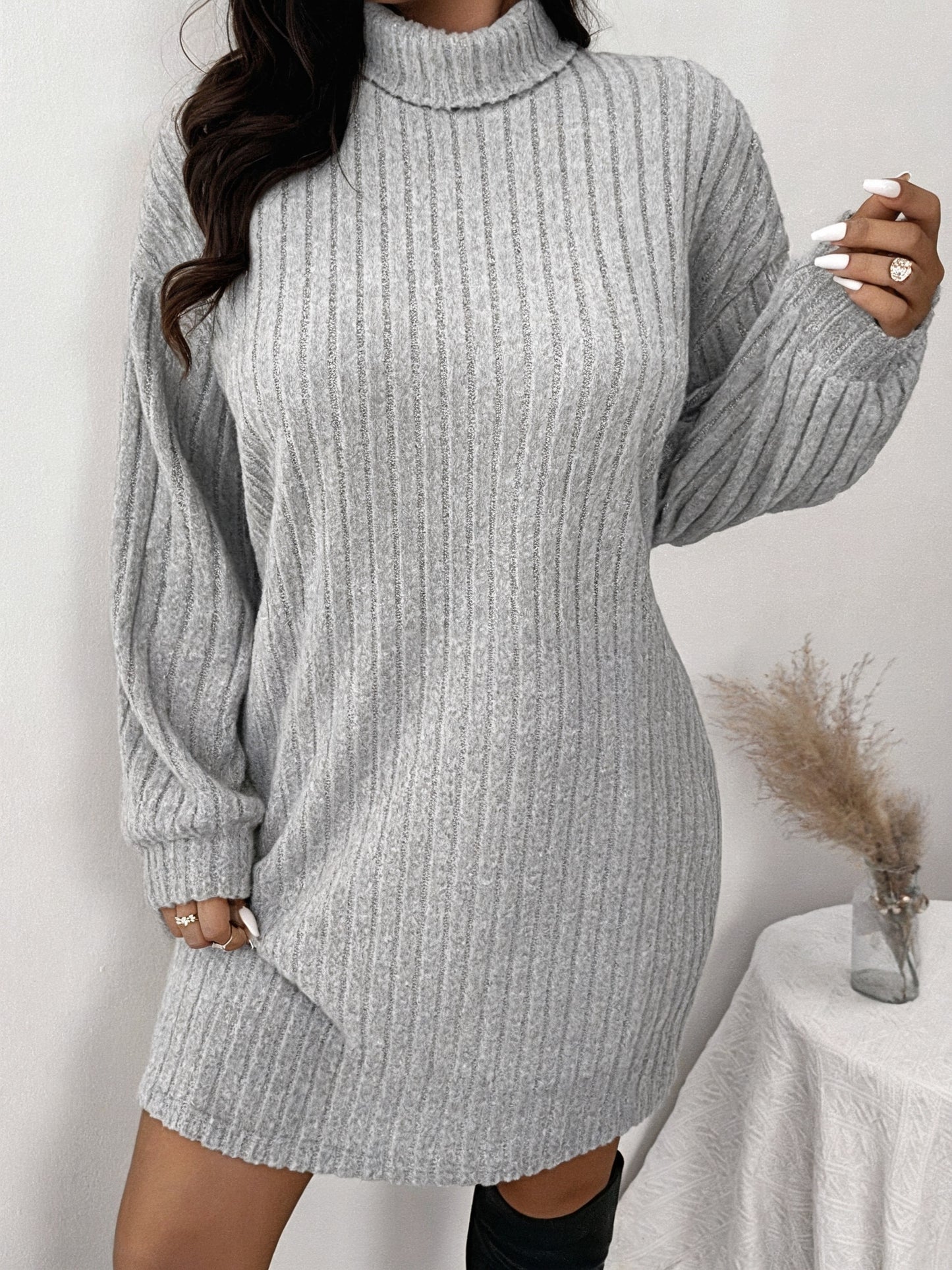 Women'S Plus Size High Neck Rib-Knit Knit Dress, Casual Long Sleeve Knee-Length Pullover