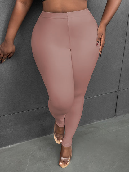 Plus Size Basic Leggings, Solid Elastic High Rise High Stretch