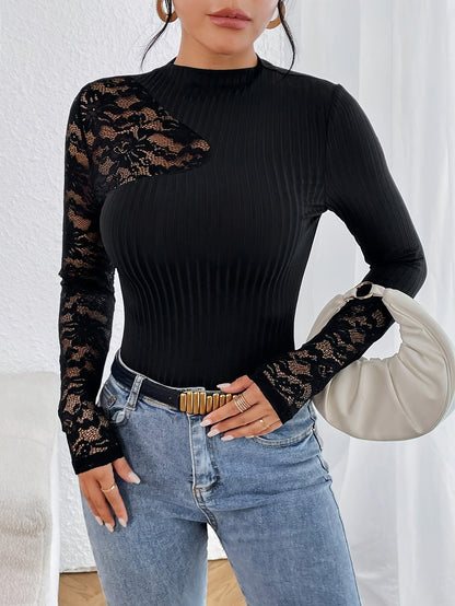 Elegant Lace-Trimmed Knit Top for Women - Slim Fit, Long Sleeve, Round Neck, Semi-Sheer