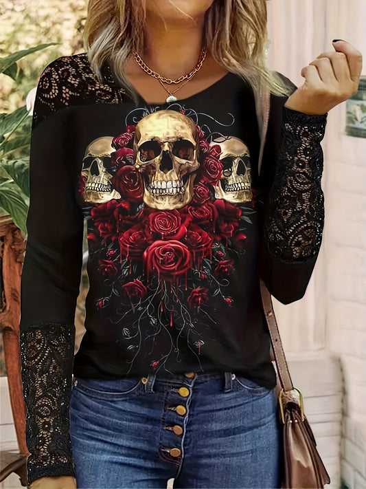 Plus Size Halloween Goth Top, Women's Plus Skull & Rose Print Contrast Lace Long Sleeve Round Neck Top