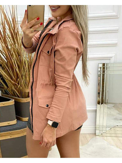 Long sleeve pocket zipper design drawstring cargo coat