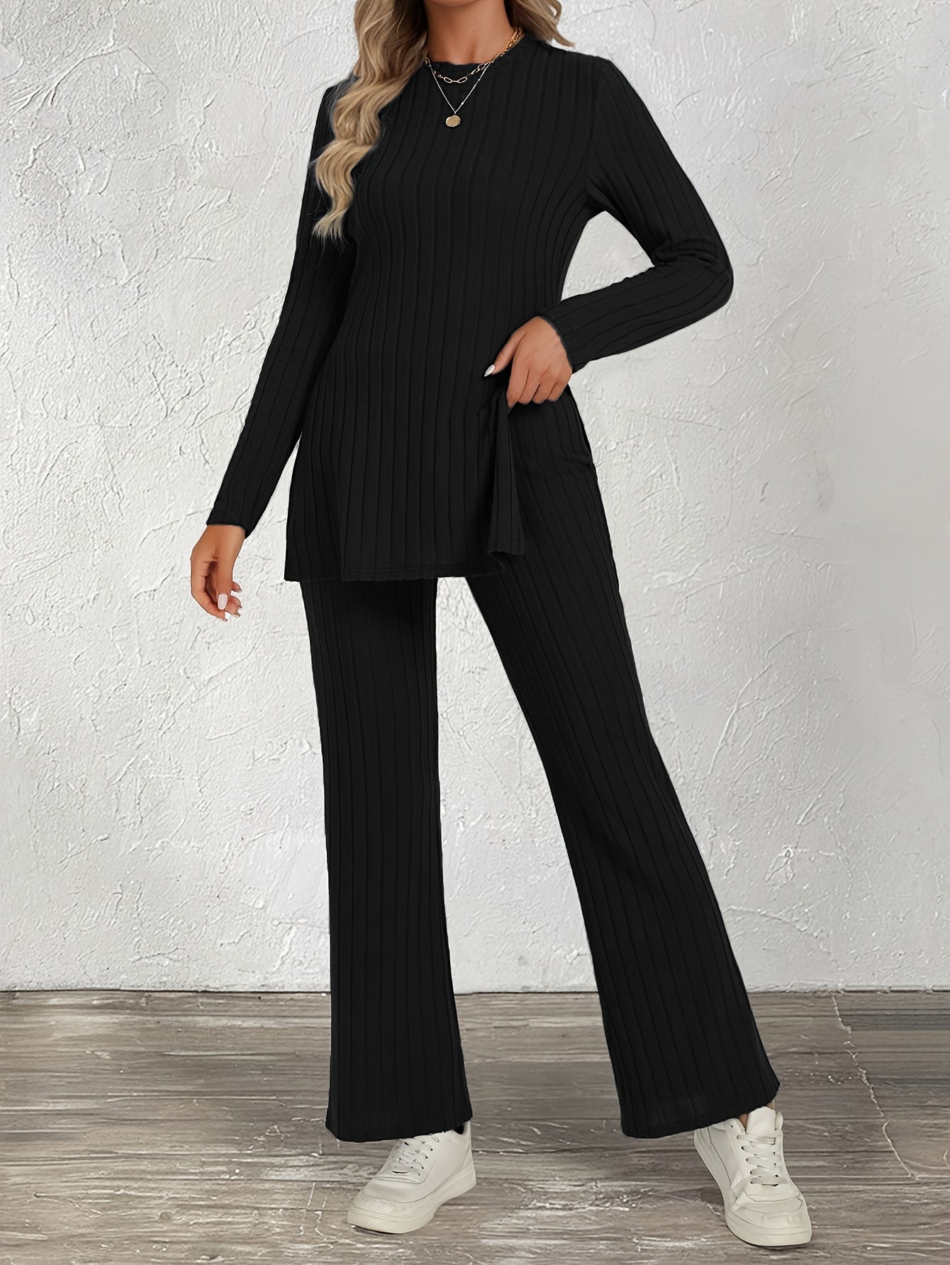 Trendy Two-Piece Ribbed Pantsuit Set - Long Sleeve Crew Neck Split Top & Strait Pants Outfit