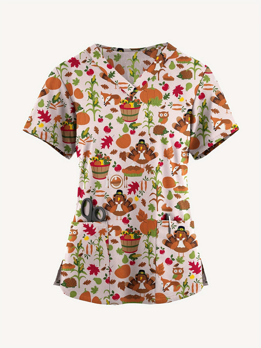 Festive Cartoon Print Scrub Top for Female Nurses: V-Neck, Pocket, Polyester Blend, Perfect for Thanksgiving or Fall Seasons