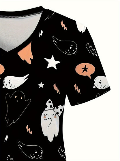 Women's Vintage Ghost Print Scrub Top - Comfortable & Stylish Healthcare Uniform with Pockets, Perfect for Hospitals & Dental Clinics