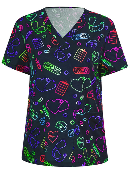 Heart Print V Neck Scrub Tops, Elegant Short Sleeve Patched Pockets Nurse Uniform, Women's Clothing