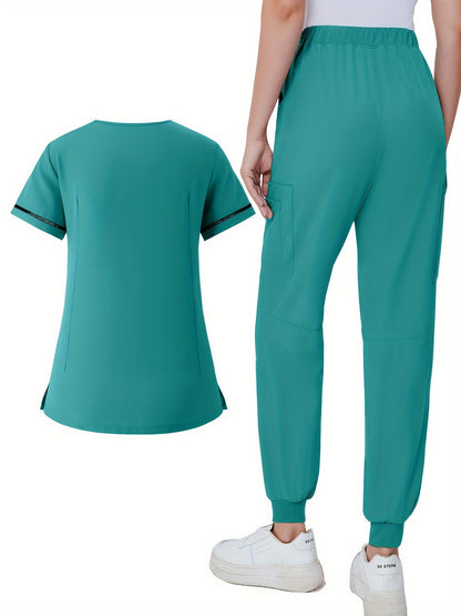 Conjunto de uniforme médico de dos piezas, color liso, bolsillos de parche funcionales, manga corta, uniforme médico cómodo para mujeres, atención médica, enfermería, ropa de hospital