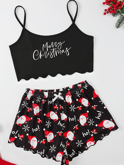 Women's Cute Christmas Cartoon Print Lettuce Trim Top And Shorts Cute Pajama Set Sleepwear