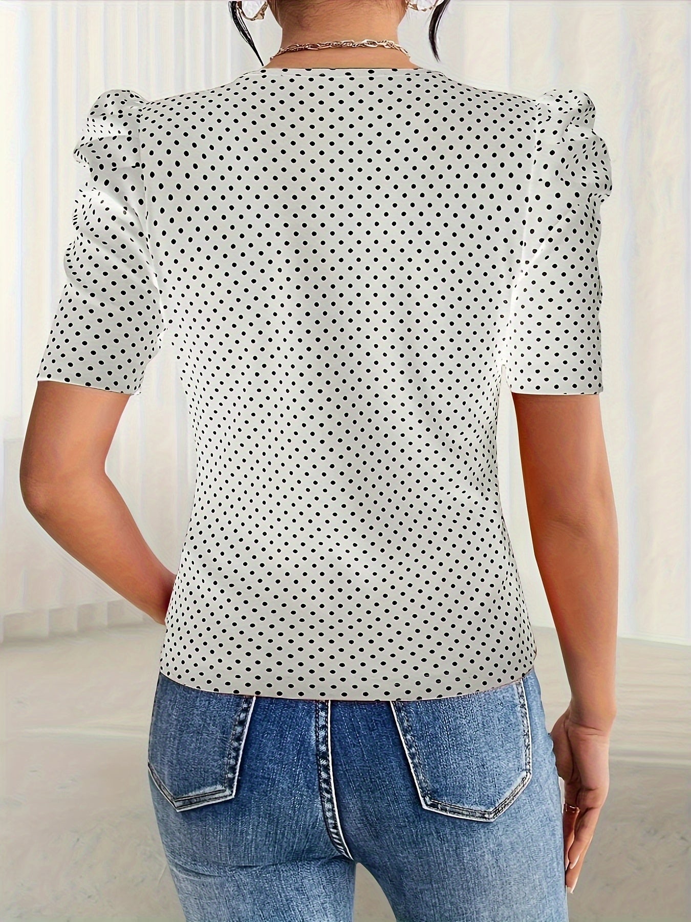 Allover Print V-neck Blouse, Vintage Puff Sleeve Blouse For Spring & Summer, Women's Clothing