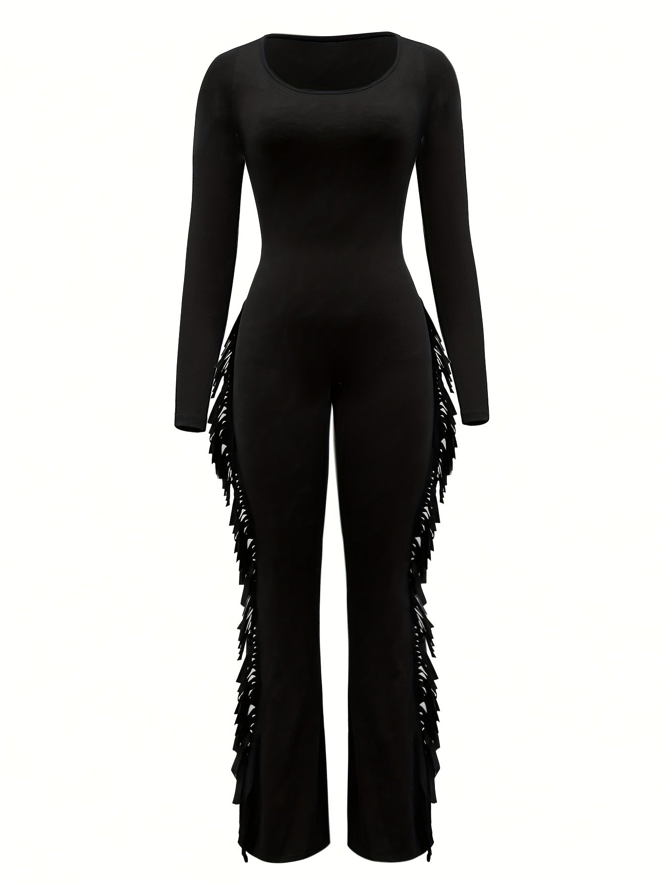 Chic Solid Color Tassel Long Sleeve Jumpsuit for Women - Sexy, Stretchy