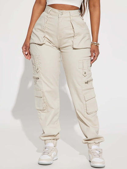 Pantalones cargo tipo jogger beige para mujer: cintura alta, corte recto con bolsillos con solapa, poliéster duradero, lavable a máquina: ropa informal versátil para todas las estaciones