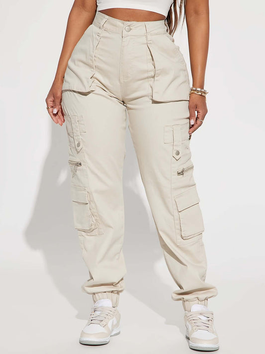 Women's Beige Cargo Jogger Pants - High-Waisted, Straight Fit with Flap Pockets, Durable Polyester, Machine Washable - Versatile All-Season Casual Wear